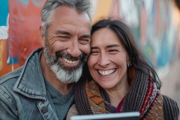 Portrait of a grinning mixed race couple in their 40s using a digital tablet together