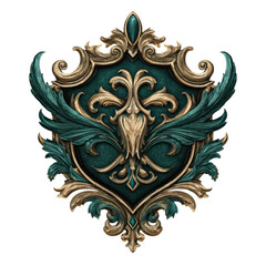 Elegant academic emblem featuring intricate designs and ornate details, showcasing blend of gold and teal colors. This symbol represents tradition and sophistication in refined style