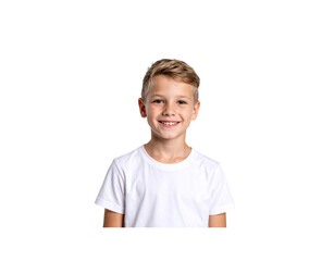 Smiling young boy with blonde hair wearing a plain white tshirt