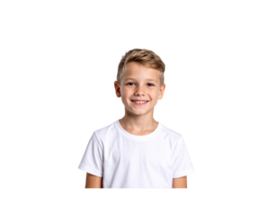 Smiling young boy with blonde hair wearing a plain white tshirt