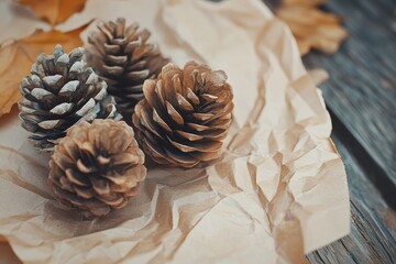 Rustic autumn scene featuring pine cones and kraft paper on a natural wooden surface