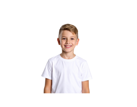 Smiling young boy with blonde hair wearing a white tshirt