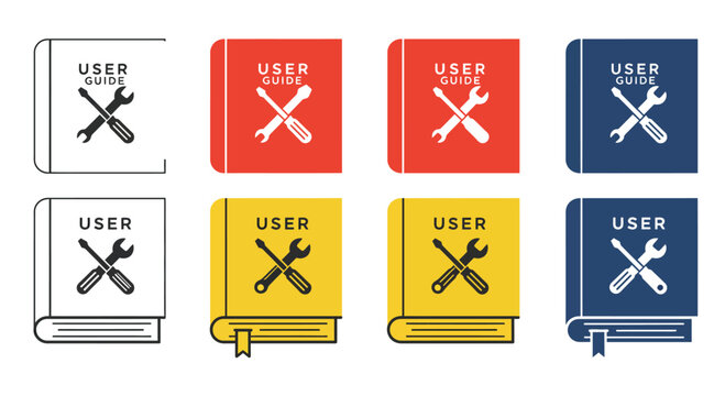 Collection of colorful user guide books with repair tools isolated on white background