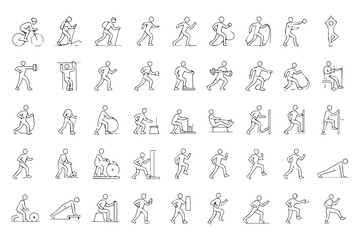 Fototapeta premium Fitness and Exercise Icons for Active Lifestyle, Featuring Various Workout Routines and Activities in Simple Line Design Icon Set