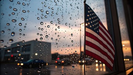 A wet window pane with an american flag during a beautiful, colorful sunset.