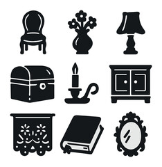 Retro Home Icon Set. Solid, filled icons set of retro-inspired home details: antique chair, floral vase,