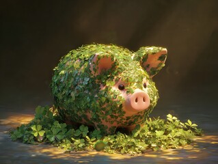 Charming Piggy Bank Surrounded by Lucky Clover Leaves in Gentle Light