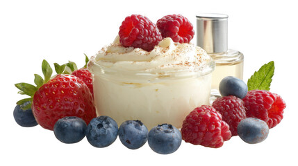 Creamy dessert with cinnamon, raspberries, blueberries and strawberries with a perfume bottle on a transparent background, perfect for beauty and healthcare projects