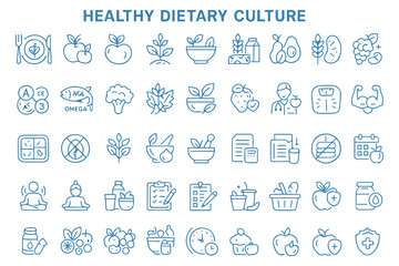 Healthy dietary culture icons for balanced nutrition, wellness, and healthy eating habits icon set