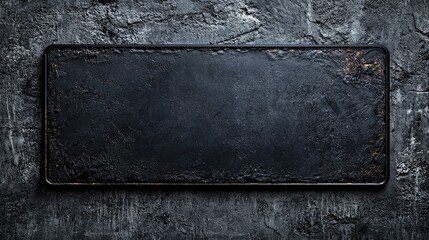 Dark textured rectangular sign on a stone surface.