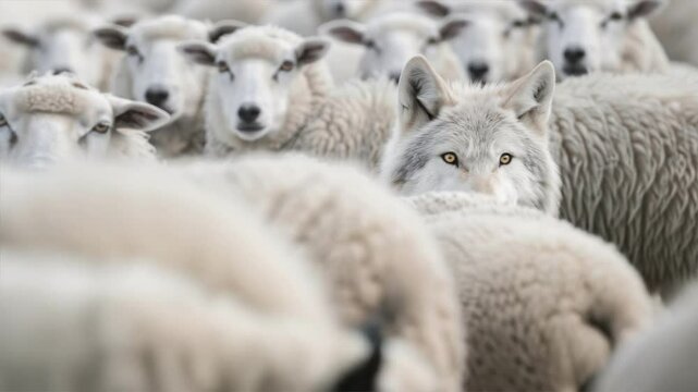 A wolf disguised among a flock of sheep, symbolizing deception, blending in with the crowd, and the concept of a hidden threat.