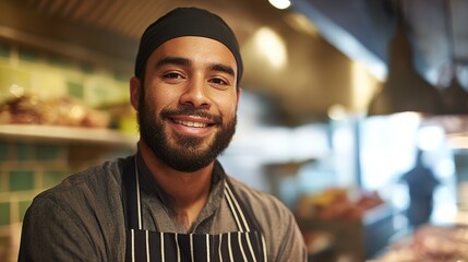 Smiling chef in uniform exudes warmth and professionalism, embodying culinary passion and expertise.
