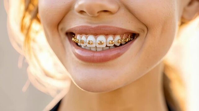 Close-up of a young adult woman's smile with gold-colored braces for teeth alignment and orthodontic care.