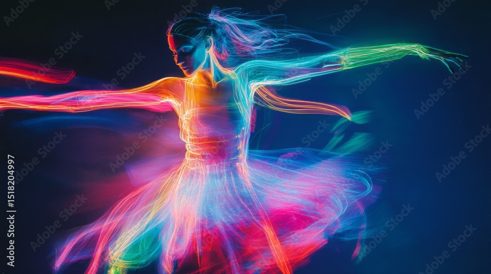 Poster a skilled dancer performs gracefully against a dark backdrop, surrounded by colorful light trails th