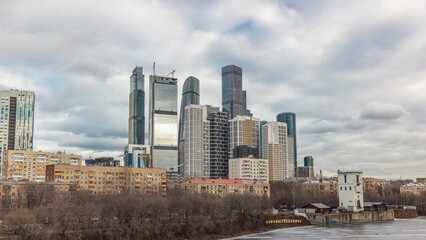 Fototapeta premium Moscow City business center skyscrapers office buildings and luxury apartments timelapse hyperlapse.