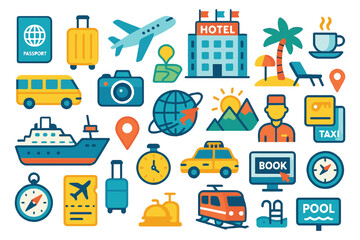 Naklejka premium Set of icons for travel, booking, hotels, transport, and vacation activities icon set
