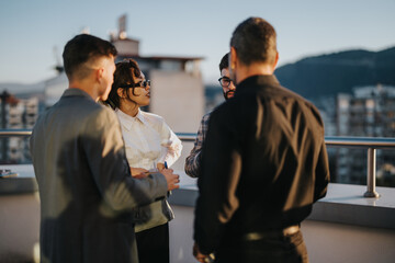 A group of multiracial business people are collaborating on a rooftop at sunset, discussing ideas...