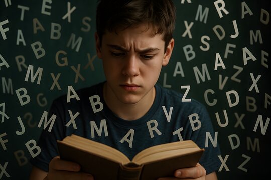 Teenager with dyslexia reading a book with letters floating and rearranging around them, symbolizing the challenges of reading disorders. Generative AI