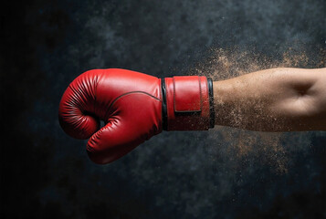 Red Boxing Glove Punch Impact with Flying Dust and Debris on Dark Background