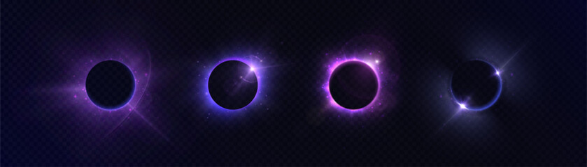 Neon visualization of a solar eclipse in sci-fi style with a magical glow. Used in UI design, covers, backgrounds and conceptual space themes.