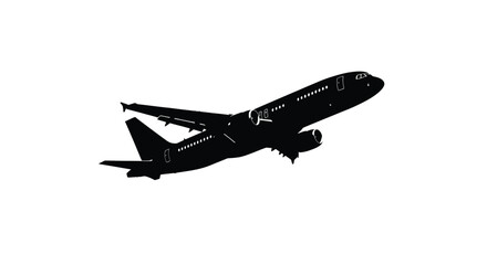 Airplane taking off isolated on white background, a silhouette of a modern jet in flight