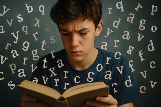Teenager with dyslexia reading a book with letters floating and rearranging around them, symbolizing the challenges of reading disorders. Generative AI