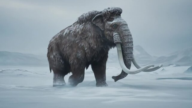 Mammoth in snowy landscape, its fur dusted with snow, curved tusks. Mountains fade into the hazy sky. Icy plains suggest extreme environment.
