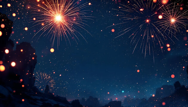 Happy 4th of July: Abstract Neon Firework Background, Rocks & Starry Sky. Festive Celebration with Text Space.