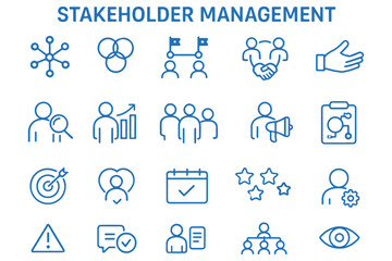 Fototapeta premium stakeholder management icons, teamwork collaboration, business partnership, project management, goal setting, team leadership icon set