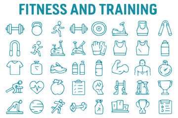 Naklejka premium fitness and training icon set, workout equipment, gym accessories, health symbols, exercise motivation, fitness tracking icon set