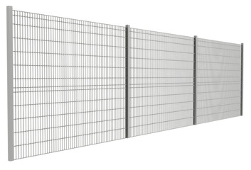 High-Security Welded Mesh Fence: A 3D render of a modern metal fence featuring tightly spaced horizontal and vertical wires, designed for high security and anti-climb purposes