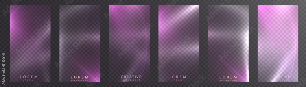 Poster Backgrounds with pink translucent highlights and soft glow in rainbow shades. Suitable for mobile interfaces, application showcases, futuristic digital projects.