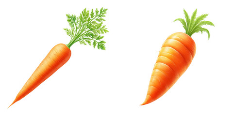 Two orange carrots with green leafy tops, one long and slender, the other short and round.