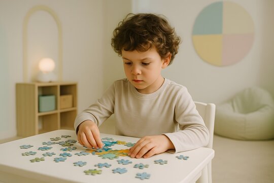 Child with autism engaging in deep focus on a puzzle, surrounded by calming colors and sensory-friendly environment. Generative AI