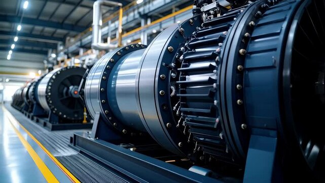 Row of industrial turbo machinery units in a manufacturing plant with intricate metal components and robust framework