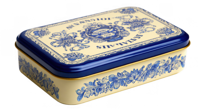 Closed rectangular tin box featuring an antique blue and white design with floral patterns, isolated on a transparent background for elegant storage or display