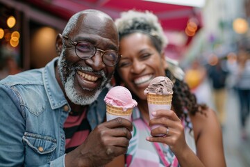Portrait of a satisfied multicultural couple in their 40s eating ice cream