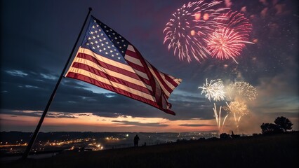 The stars and stripes wave with colorful fireworks during an american holiday celebration.