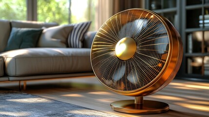 Modern golden fan heater in a living room