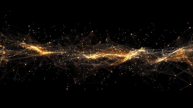 Abstract golden wave of connected particles on black background.