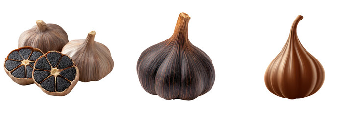 Whole and sliced black garlic bulbs displayed in detail.