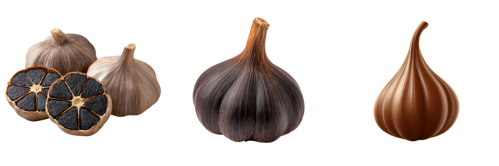 Whole and sliced black garlic bulbs displayed in detail.