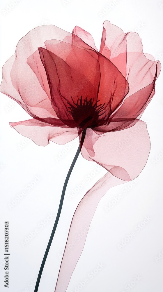 Aufkleber A striking red flower with sheer petals stands tall against a white backdrop. Its delicate structure showcases intricate details, creating a captivating visual effect