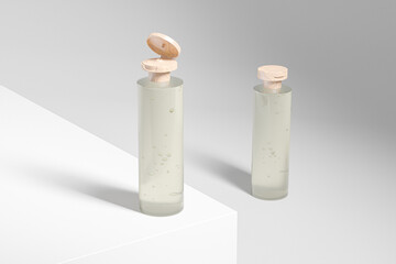 elegent flipcap cosmetic bottle mockup, translucent lotion sqeeze bottle with wooden flat flip cap, hygenic personal care product packaging, modern liquid skincare cylindrical plastic container