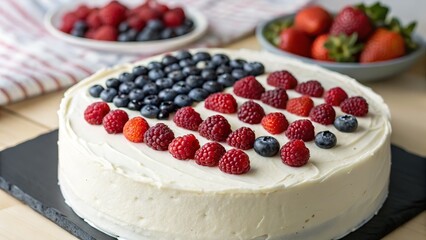 A beautiful cake adorned with blueberries and raspberries, perfect for a patriotic celebration.