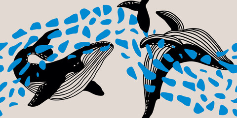 Whale Illustration with Blue Splashes Seamless Pattern
