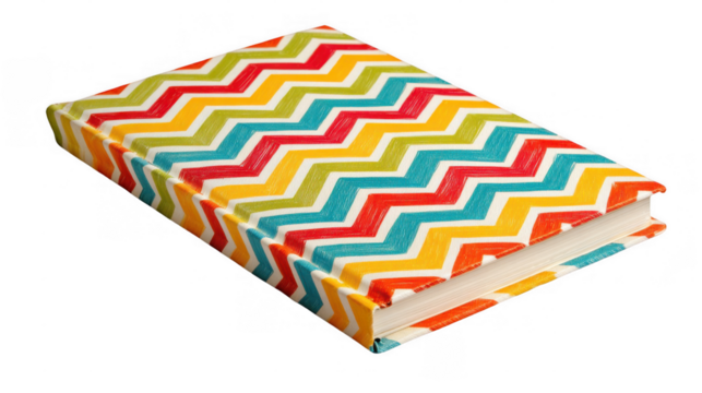 Vibrant and cheerful, a closed notebook with a colorful chevron pattern on its cover sits against a transparent background, ready for creative projects or personal reflections