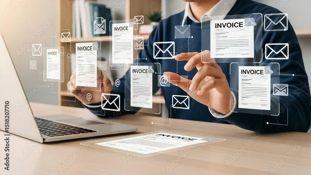 Poster Person using laptop with floating invoice and email icons around hands and the computer screen