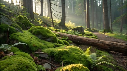 A forest floor covered in vibrant moss

