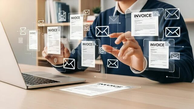 Person using laptop with floating invoice and email icons around hands and the computer screen